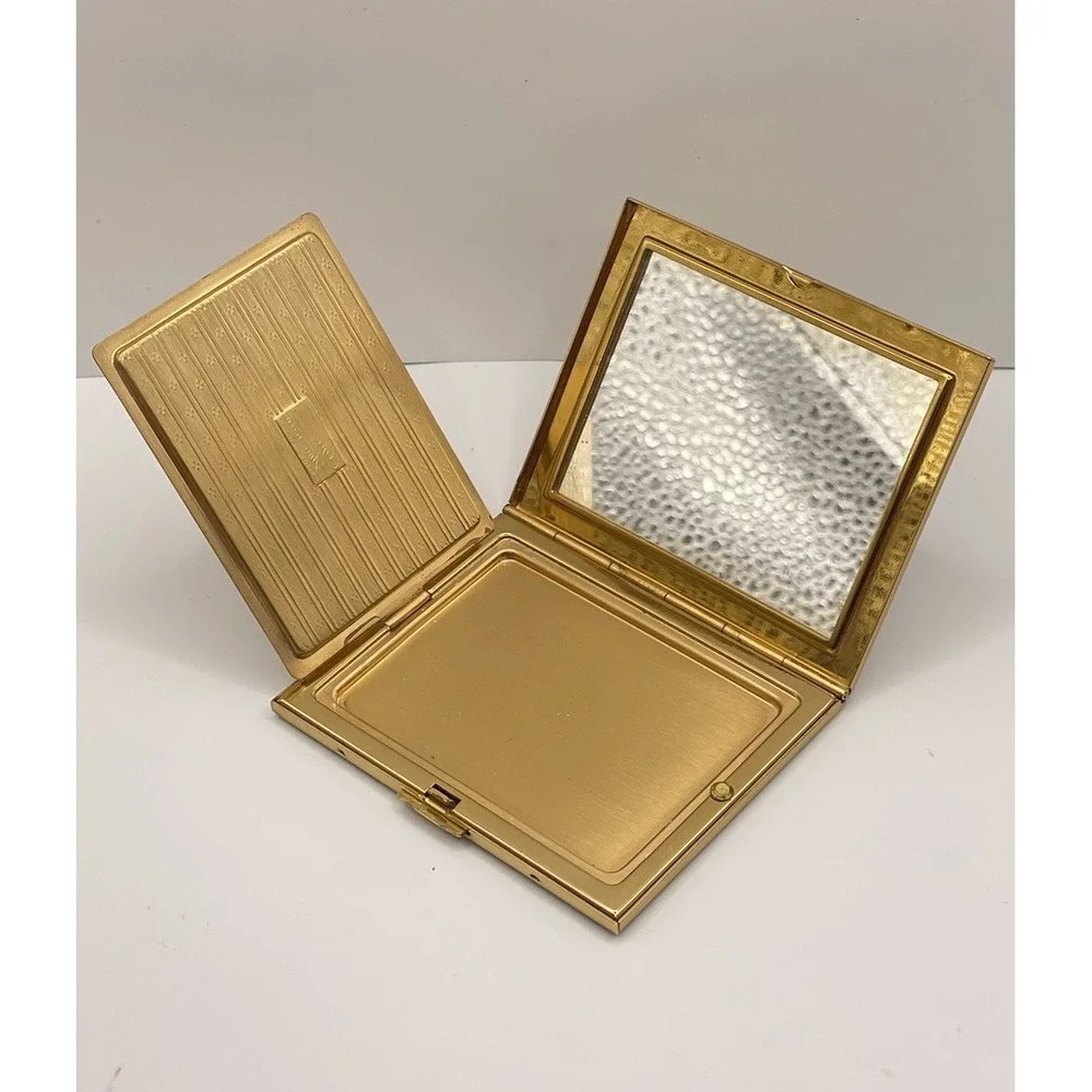 Vintage Elgin American Gold Tone‎ Etched Makeup Compact Mirror Mother Of Pearl